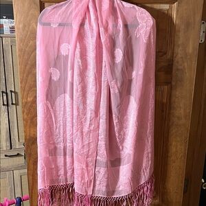 Pink Floral Scarf with Fringe